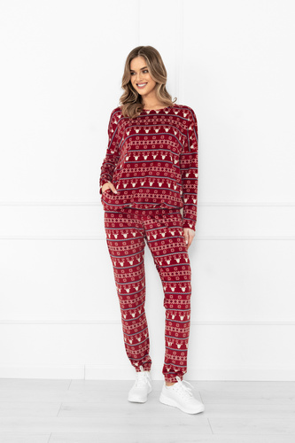 Komplet damski Navara – ciepły homewear polarowy z zimowym motywem Italian Fashion - bordowy