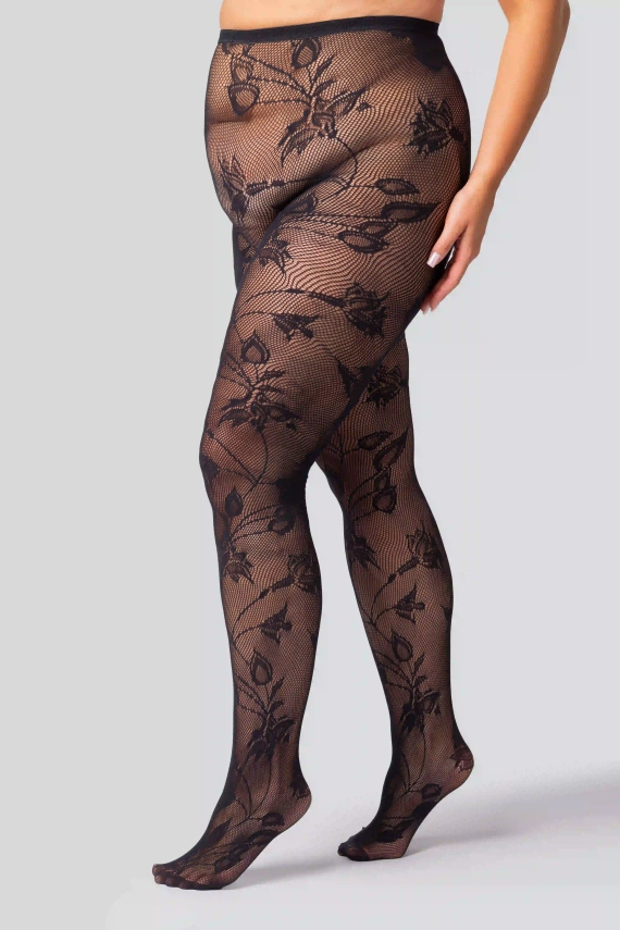 Floral Rajstopy kabaretki Queen Size – czarne, eleganckie, z bawełnianym klinem
