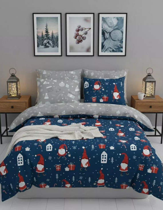 Scandic 081 Scandic Faro granatowo-szara ze skrzatami – pościel świąteczna dwustronna, bawełna 100%, komplet