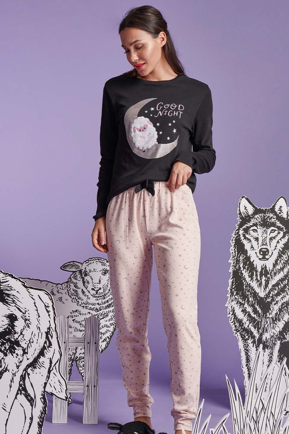 SHEARLY Sorbetto czarna – piżama damska z bawełny, aplikacją 3D i wzorem w gwiazdki