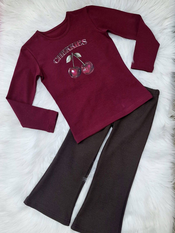 Bambarillo Cherries bordowy bluzka dziewczęca – długi rękaw, bawełna z elastanem