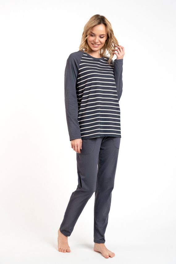 Piżama Damska długi rękaw, długie spodnie Oda Italian Fashion - druk grafitowy/grafitowy