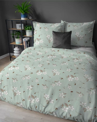 5632 B Detexpol Pastel Flowers miętowa w białe kwiaty i liście– pościel flanelowa bawełniana, miękka i przytulna