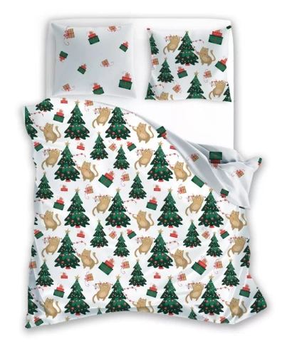 Holly Jolly 005 Faro Pościel świąteczna biała zielona choinki – miękka satynowa mikrofibra, komplet z poszewkami
