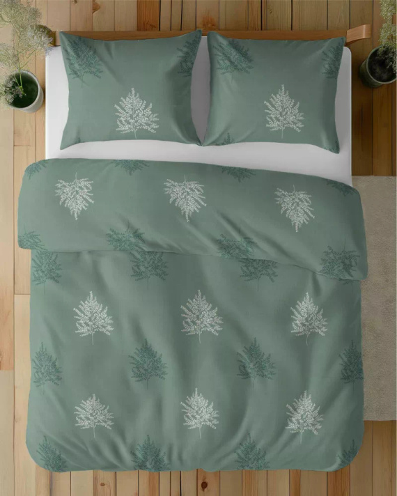 Pościel bawełniana 5503 B Naturalis – szałwiowa z liśćmi paproci geometrycznymi Detexpol