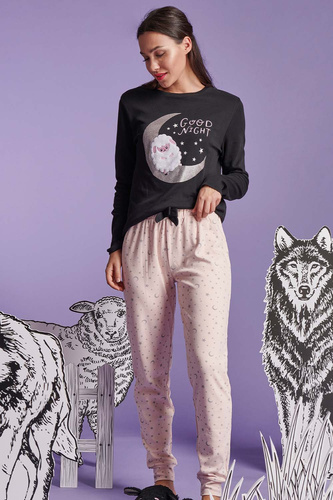 SHEARLY Sorbetto czarna – piżama damska z bawełny, aplikacją 3D i wzorem w gwiazdki