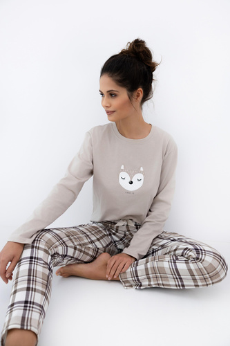 Sensis Tinsley – damska piżama bawełniana z nadrukiem i spodniami w kratkę