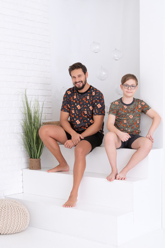 Piżama chłopięca krótki rękaw, spodnie Western Italian Fashion - oliwkowy/grafit