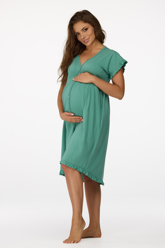 Senizo koszula nocna ciążowa no. 23  zielony– 100% bawełna, falbanki, wygodne napy do karmienia