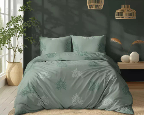 Pościel bawełniana 5503 B Naturalis – szałwiowa z liśćmi paproci geometrycznymi Detexpol