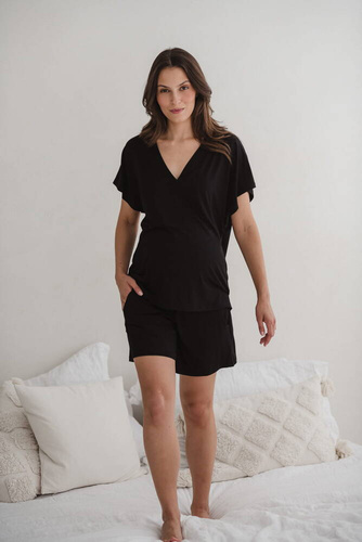 Bambusowa bluzka od piżamy ciążowej do karmienia krótki rękaw Moon Milk&Love czarny