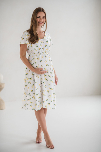 Biała sukienka ciążowa i do karmienia w cytryny – Lovely Dress Midi, krótki rękaw Milk&Love 