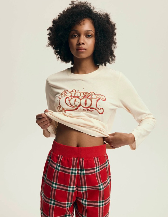 Henderson Dalisa 43717 – damska piżama kremowa z nadrukiem i flanelowe spodnie w kratę