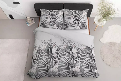 Pościel satynowa liście 4401 B Satin Detexpol szary