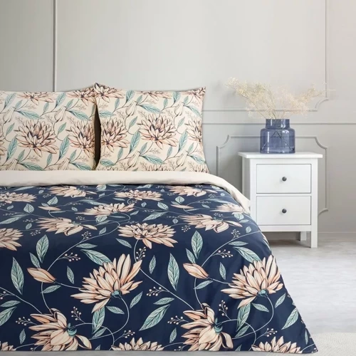 Pościel satynowa liście Nika 49 Eurofirany granatowy