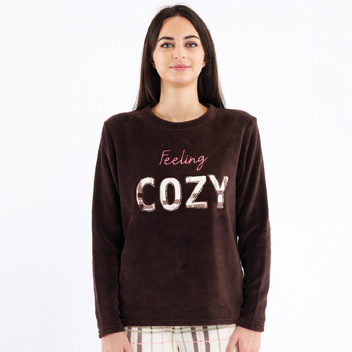 Liliana Sorbetto brązowa  – piżama damska polarowa w kratę z haftem 