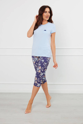 Piżama Damska krótki rękaw, 3/4 spodnie Pulia Italian Fashion - niebieski/druk