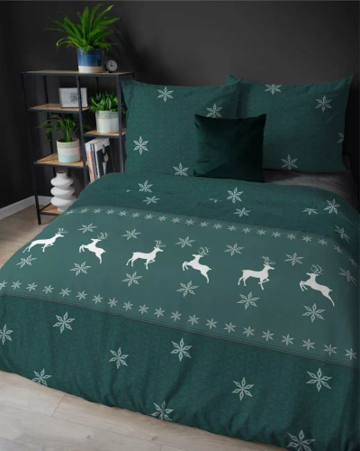 5621 B Magia Świąt Detexpol Pościel świąteczna flanelowa zzielona w renifery i śnieżynki– bawełna 100%, certyfikat OEKO-TEX®