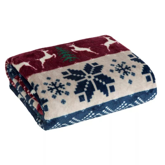 Narzuta świąteczna Eurofirany granatowy czerwony ze skandynawskim wzorem – miękki koc z mikrofibry, ciepły i lekki