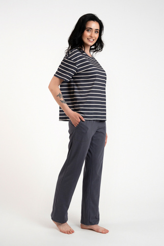 Piżama Damska krótki rękaw, długie spodnie Betty Italian Fashion - druk grafitowy/grafitowy