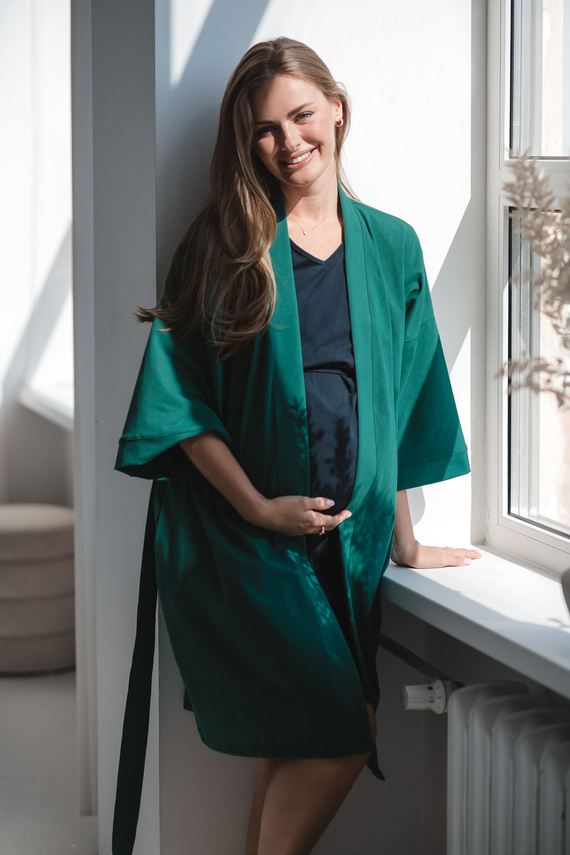 Milk&Love szlafrok ciążowy butelkowa zieleń– bawełniana dzianina, elastyczny, idealny na połóg