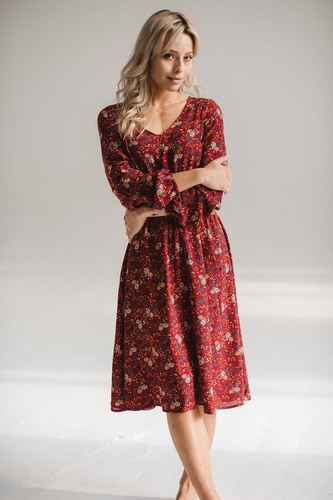 Milk&Love Lovely Dress Midi – sukienka do ciąży i karmienia, bordowa w kwiatki, długi rękaw