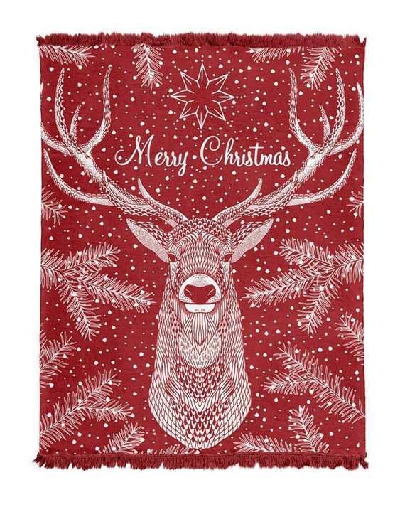 Koc świąteczny z frędzlami 082 JB renifer Detexpol czerwony