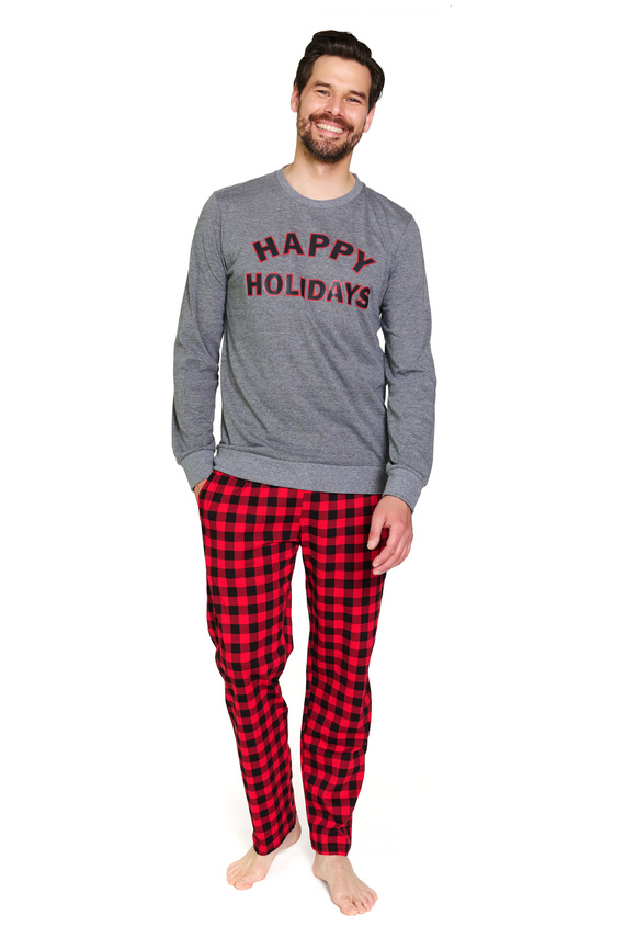 Doctor Nap 7344 – piżama męska bawełniana, szara góra i spodnie w kratę