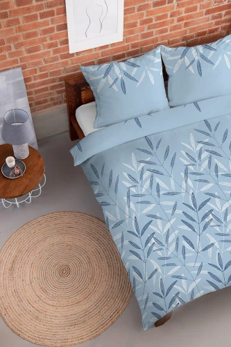 Pościel flanelowa liście łąka 4519 B Detexpol niebieski 