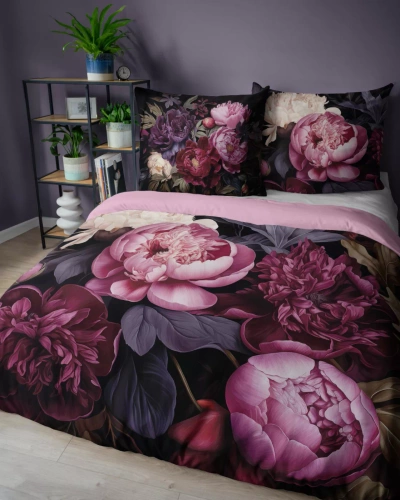 Detexpol Holland 5129 A pościel bawełniana czarna w piwonie w odcieniach bordo i różu– dwustronna, naturalna, 100% bawełna