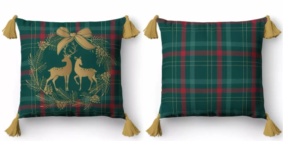 5380 A Christmas Deco Detexpol renifer w wieńcu na tle kratki– poszewka dekoracyjna świąteczna 45x45, Panama, zamek błyskawiczny