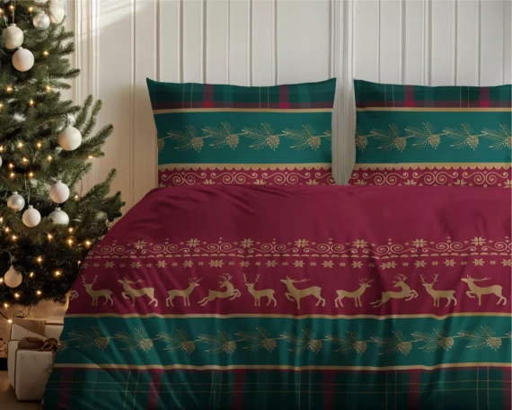 5620 B Magia Świąt Detexpol Pościel świąteczna flanelowa czerwona z reniferami i kratą– bawełna 100%, certyfikat OEKO-TEX®