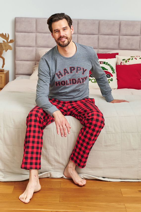 Doctor Nap 7344 – piżama męska bawełniana, szara góra i spodnie w kratę