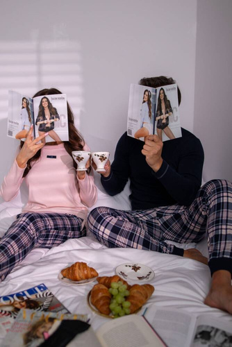 Piżama Męska długi rękaw, długie spodnie Brit talian Fashion - granatowy/druk 