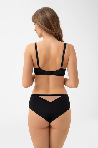 Figi brazyliany B 001 Lexi Gorsenia – figi damskie z koronkową wstawką, średni stan, elastyczny tiul i microfibra, ozdobne detale w kolorze różowego złota