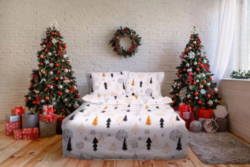 Pościel flanelowa świąteczna choinki bombki F-87 Matex biały 