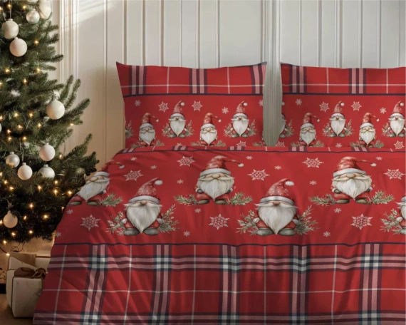 5622 A Magia Świąt Detexpol Pościel świąteczna flanelowa czerwona w kratę ze skrzatami i śnieżynkami – bawełna 100%, certyfikat OEKO-TEX®