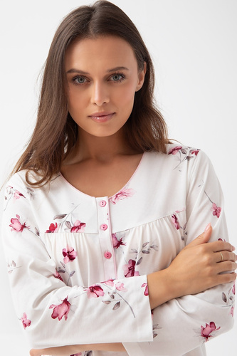 Damska koszula nocna Luna 338 – ecru, bawełna, guziki, długi rękaw