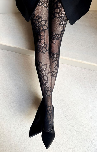 Francesca Rajstopy Veneziana czarne  – kabaretki z kwiatowym wzorem, eleganckie i elastyczne