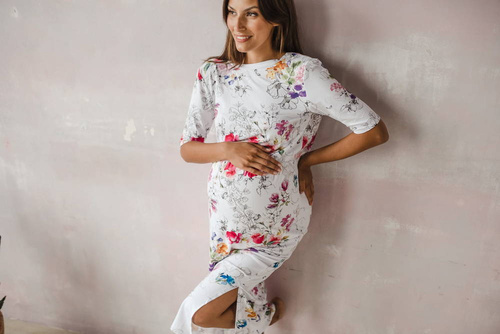 Two Ways LONG Sukienka do karmienia ciążowa krótki rękaw Milk&Love biała w kolorowe kwiaty