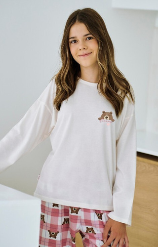 Taro Astrid 3503 beżowa – piżama dziewczęca bawełniana, flanelowe spodnie