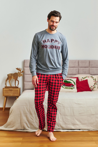 Doctor Nap 7344 – piżama męska bawełniana, szara góra i spodnie w kratę