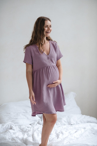 Koszula nocna ciążowa i do karmienia muślinowa Aurora Milk&Love lawendowy