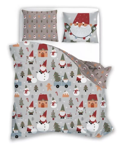 Holly Jolly 003 Faro Pościel świąteczna szara biała bałwany elfy– miękka satynowa mikrofibra, komplet z poszewkami