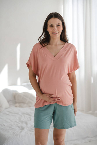 Bambusowe spodnie od piżamy ciążowej krótkie Moon Milk&Love eukaliptus