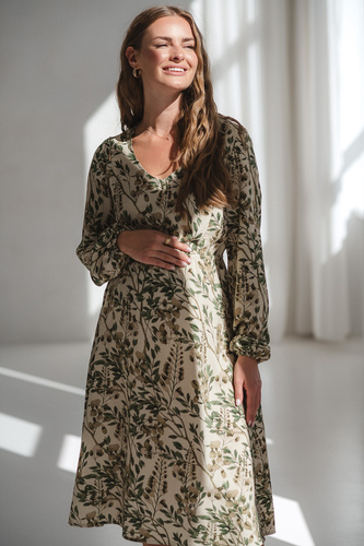 Sukienka ciążowa i do karmienia Lovely Dress Midi Milk&Love w zielone kwiaty– naturalna tkanina z lnem, elegancka midi z zamkami do karmienia