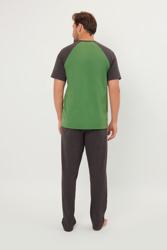 Piżama Męska krótki rękaw, długie spodnie Aleksander talian Fashion - zielony/c.melanż 