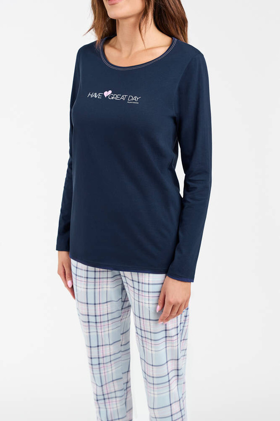 Piżama Damska długi rękaw, długie spodnie Glamour Italian Fashion - granatowy/druk