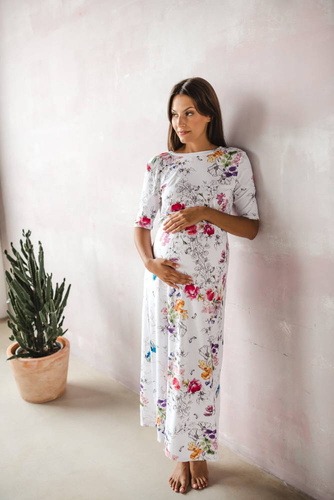 Two Ways LONG Sukienka do karmienia ciążowa krótki rękaw Milk&Love biała w kolorowe kwiaty