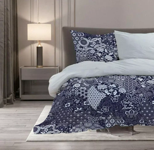 Pościel satynowa Elegant 017 rozety Faro granatowy